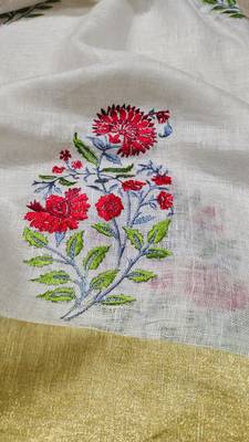 Handwoven white linen saree with embroidery work 2