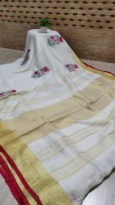 Handwoven white linen saree with embroidery work 4