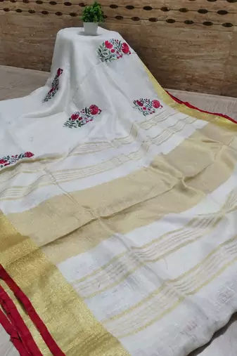 Handwoven white linen saree with embroidery work