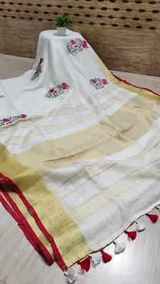 Handwoven white linen saree with embroidery work 5