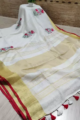 Handwoven white linen saree with embroidery work