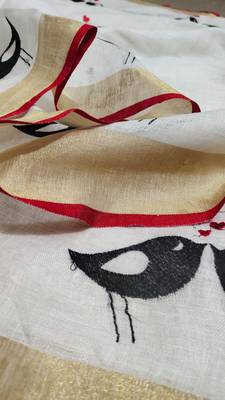 Handwoven white linen saree with embroidery work 1