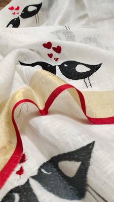 Handwoven white linen saree with embroidery work 2