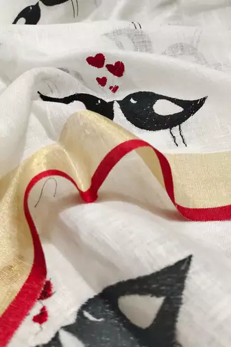 Handwoven white linen saree with embroidery work