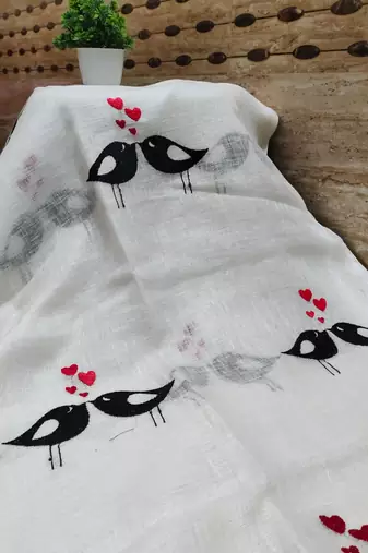 Handwoven white linen saree with embroidery work