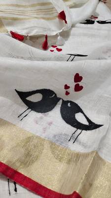 Handwoven white linen saree with embroidery work 4
