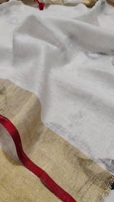 Handwoven white linen saree with embroidery work 5