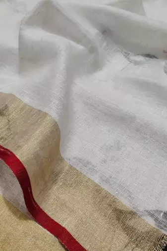 Handwoven white linen saree with embroidery work