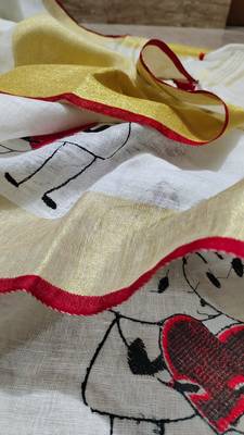 Handwoven white linen saree with embroidery work 1