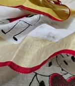 Handwoven white linen saree with embroidery work