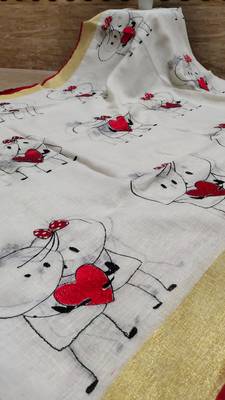 Handwoven white linen saree with embroidery work 2