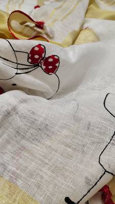 Handwoven white linen saree with embroidery work 4