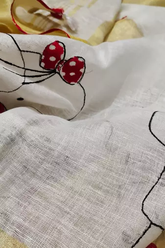 Handwoven white linen saree with embroidery work