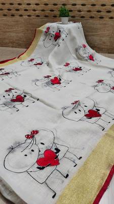 Handwoven white linen saree with embroidery work 5