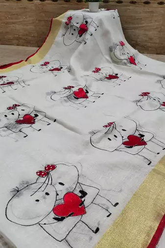 Handwoven white linen saree with embroidery work