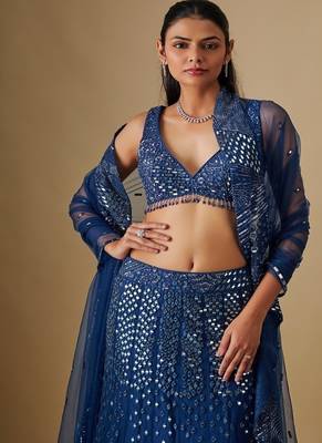 blue embroidered satin Lehenga 1