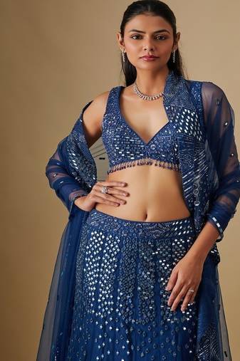 blue embroidered satin Lehenga