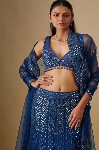 blue embroidered satin Lehenga