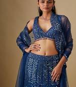 blue embroidered satin Lehenga