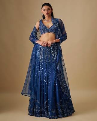 blue embroidered satin Lehenga 2