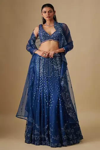 blue embroidered satin Lehenga