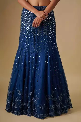 blue embroidered satin Lehenga