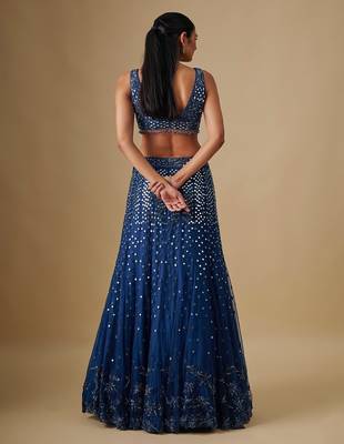 blue embroidered satin Lehenga 4