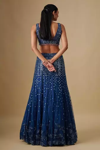 blue embroidered satin Lehenga