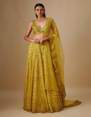 yellow embroidered satin Lehenga 1