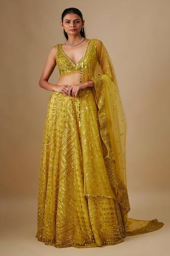 yellow embroidered satin Lehenga