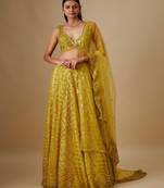yellow embroidered satin Lehenga