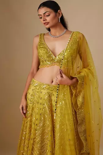 yellow embroidered satin Lehenga
