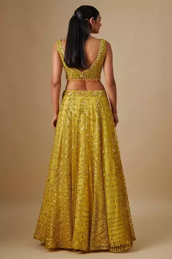 yellow embroidered satin Lehenga
