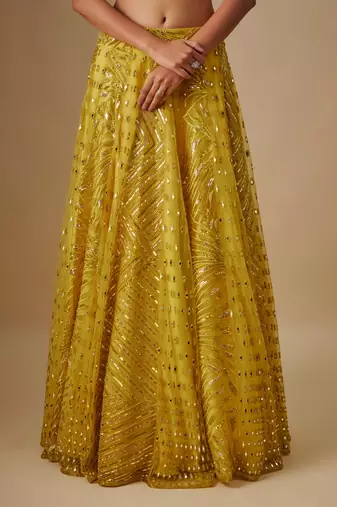 yellow embroidered satin Lehenga