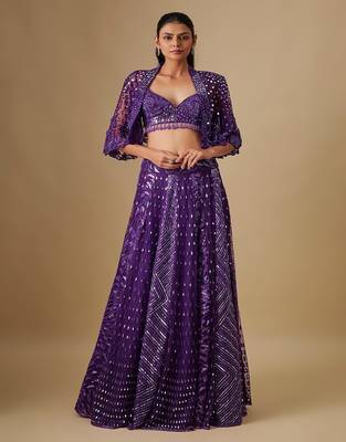 purple embroidered satin Lehenga 1