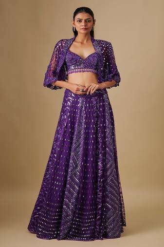 purple embroidered satin Lehenga