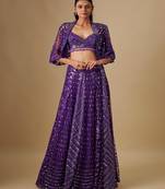purple embroidered satin Lehenga