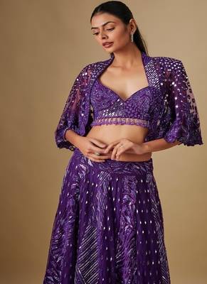 purple embroidered satin Lehenga 2