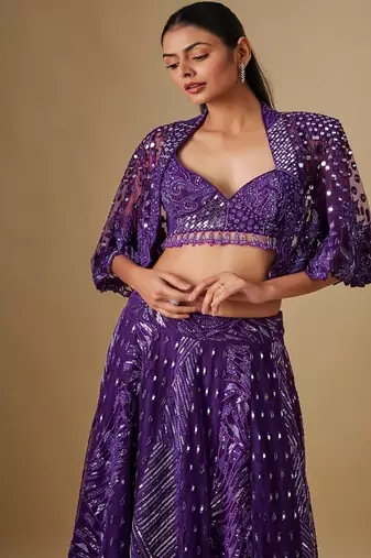 purple embroidered satin Lehenga