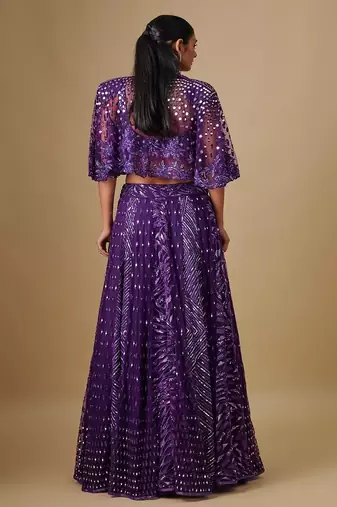 purple embroidered satin Lehenga