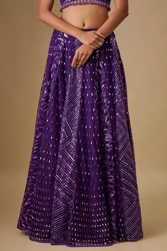 purple embroidered satin Lehenga