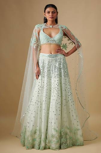 white embroidered satin Lehenga