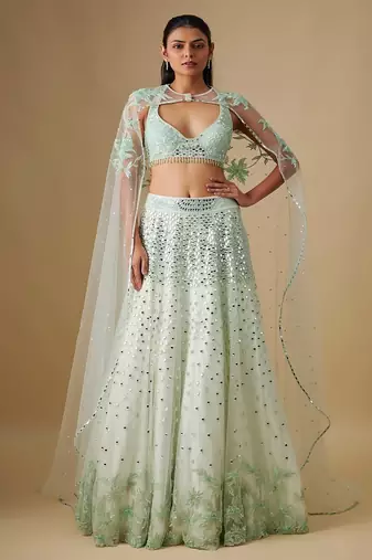 white embroidered satin Lehenga