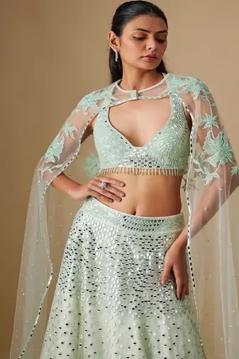 white embroidered satin Lehenga