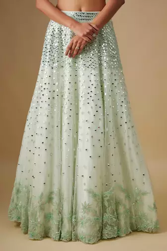 white embroidered satin Lehenga