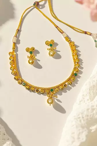 South indian jewllery brass  necklace set for women | antique gold plated bridal jewelry with earrings |