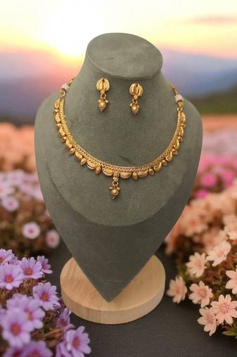 South indian jewllery brass  necklace set for women | antique gold plated bridal jewelry with earrings |
