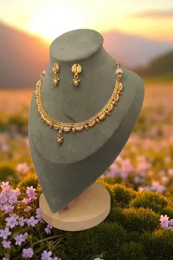 South indian jewllery brass  necklace set for women | antique gold plated bridal jewelry with earrings |