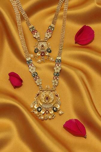 South indian jewllery brass long necklace set for women | antique gold plated bridal jewelry with earrings |
