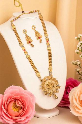 south indian jewllery ganesh design long necklace set with pendant & earrings | traditional gold-plated .